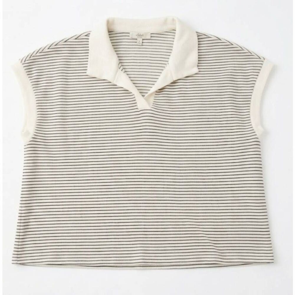 Atelier kirious womens xl boxy polo shirt cream black stripe cotton stretch